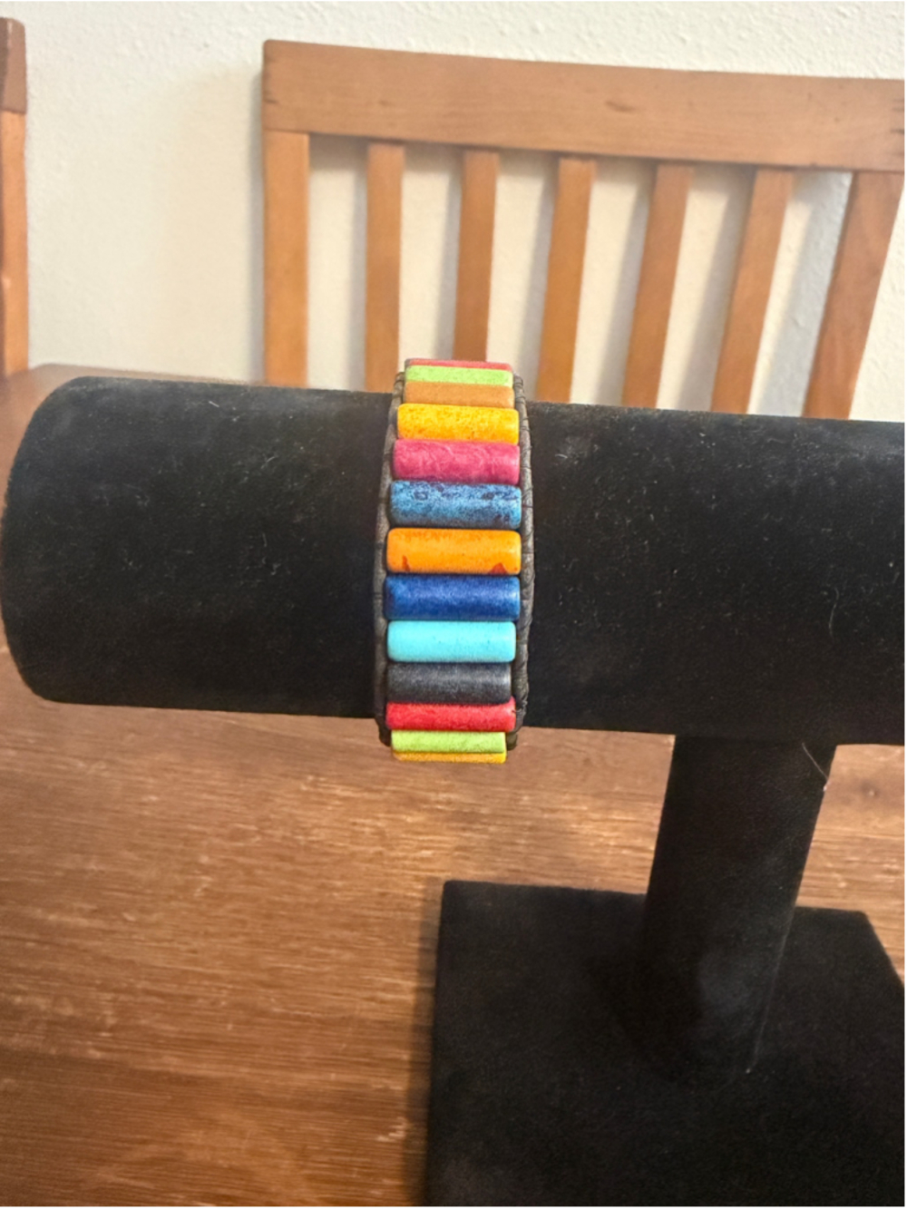 Multicolor Beaded Leather Bracelet Boho Southwestern Button Closure 7.5-8”